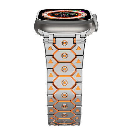 Stainless steel mesh watch strap shown in silver, compatible with iPhone watches, with adjustable clasp.
