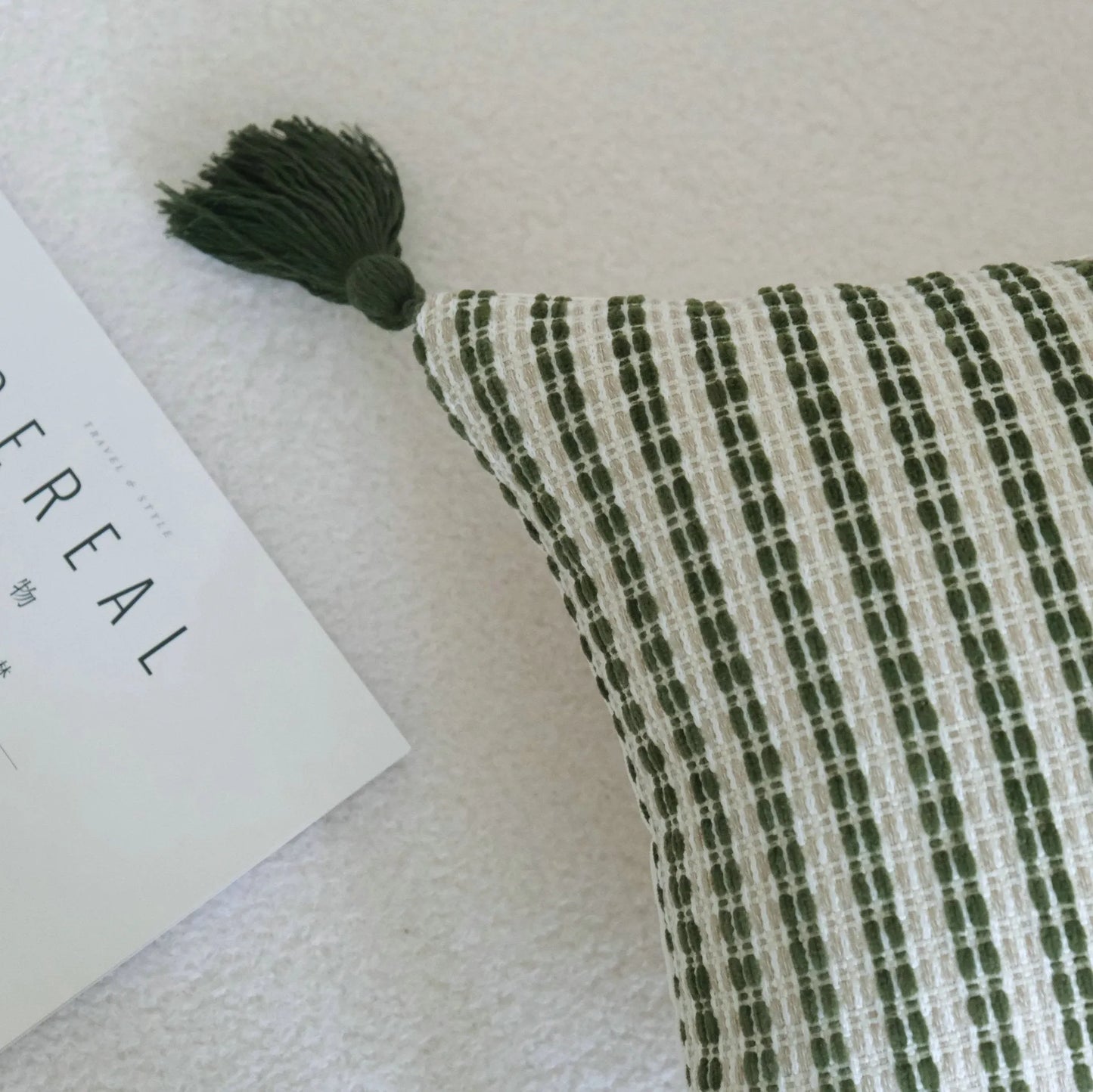 Green cotton and linen tassel pillow with silk floss filler in striped and leafy patterns, sizes 30x50cm to 50x50cm