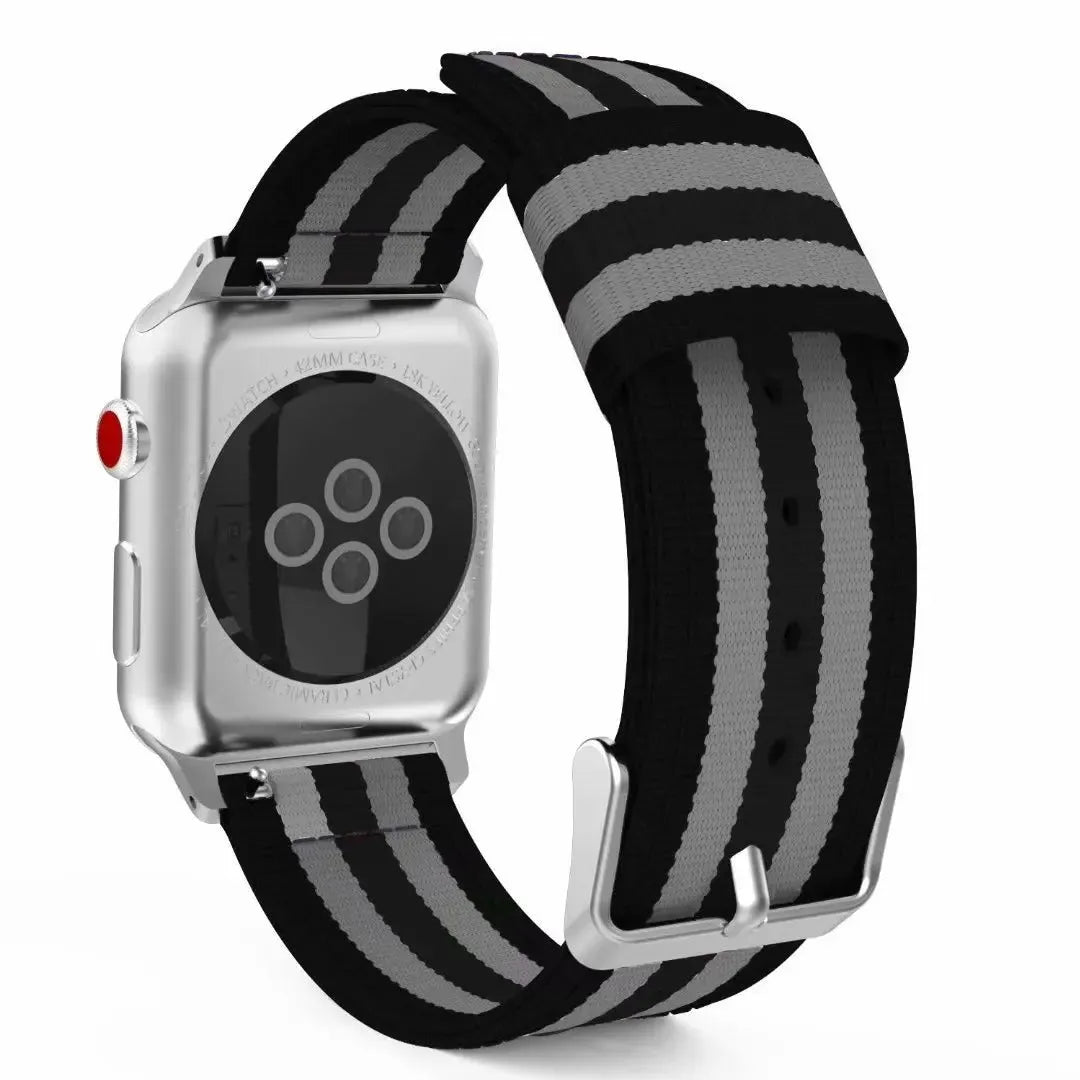 Split nylon watchband for Apple Watch in 38-49mm sizes with rainbow and striped colour options