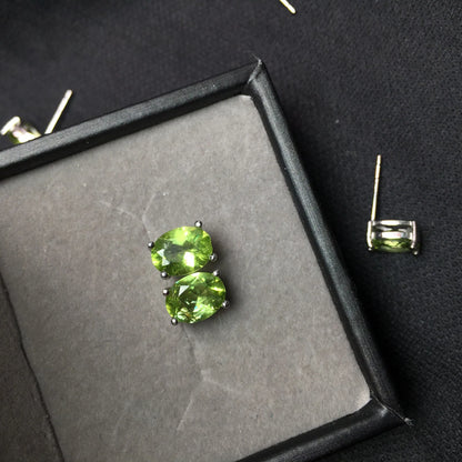 Natural grass green olivine stud earrings in S925 silver with geometric faceted 6×8mm stones