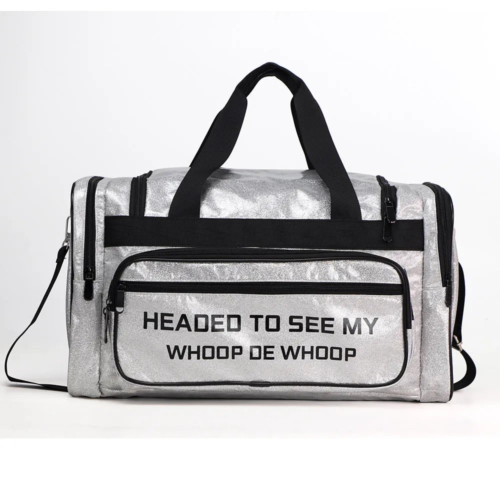 PU leather large sports handbag in blue with dimensions 48x26x22cm showing interior organisation