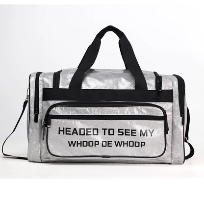 PU leather large sports handbag in blue with dimensions 48x26x22cm showing interior organisation