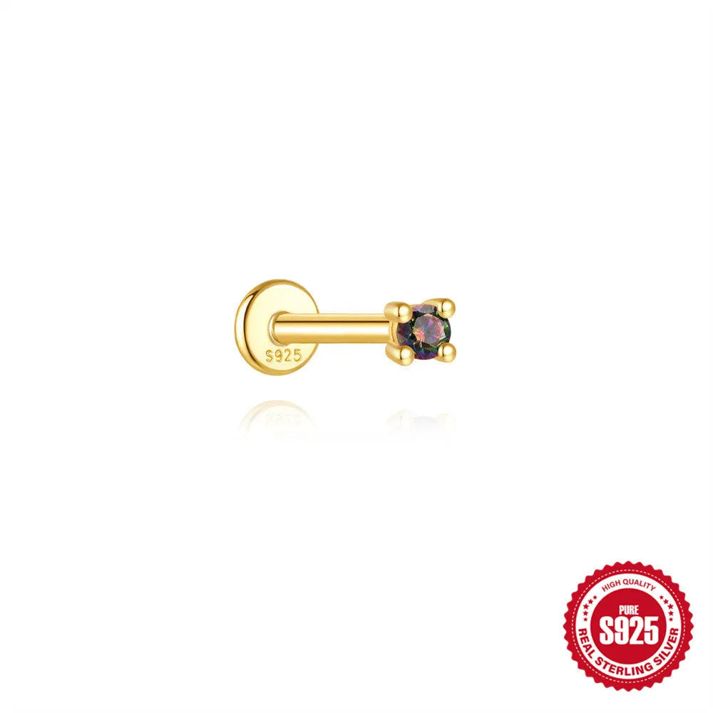 Sterling silver flat head thread piercing earrings with geometric shape and rainbow stone detail