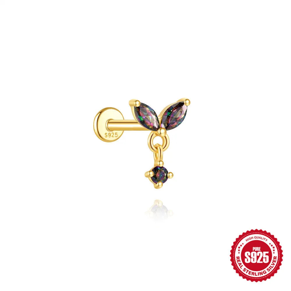 Sterling silver flat head thread piercing earrings with geometric shape and rainbow stone detail