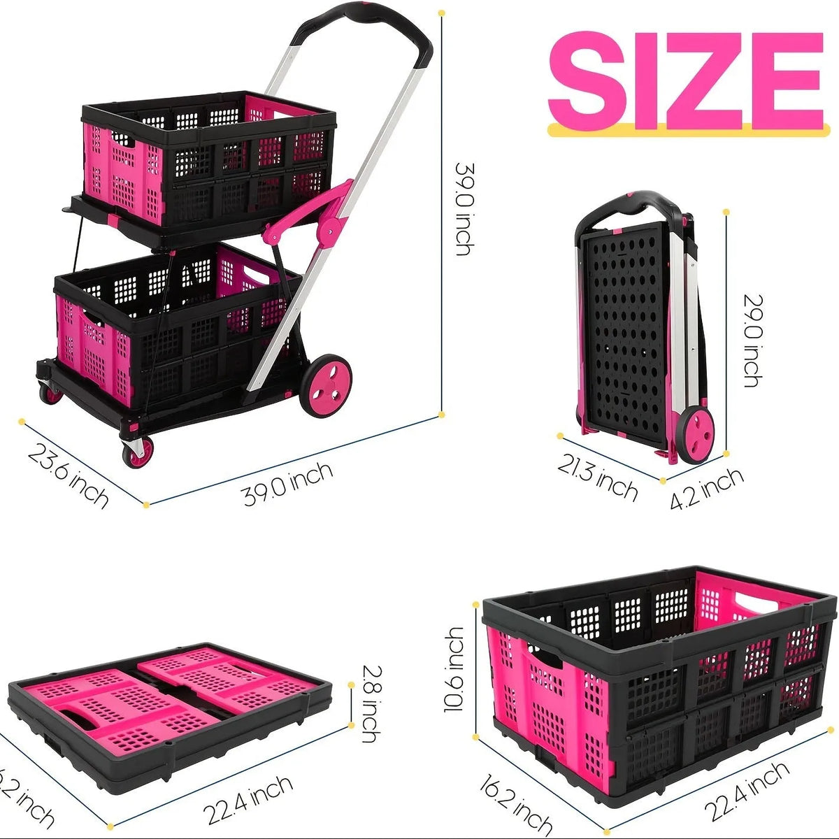 Blue foldable shopping cart with two plastic baskets, shown in an open position.