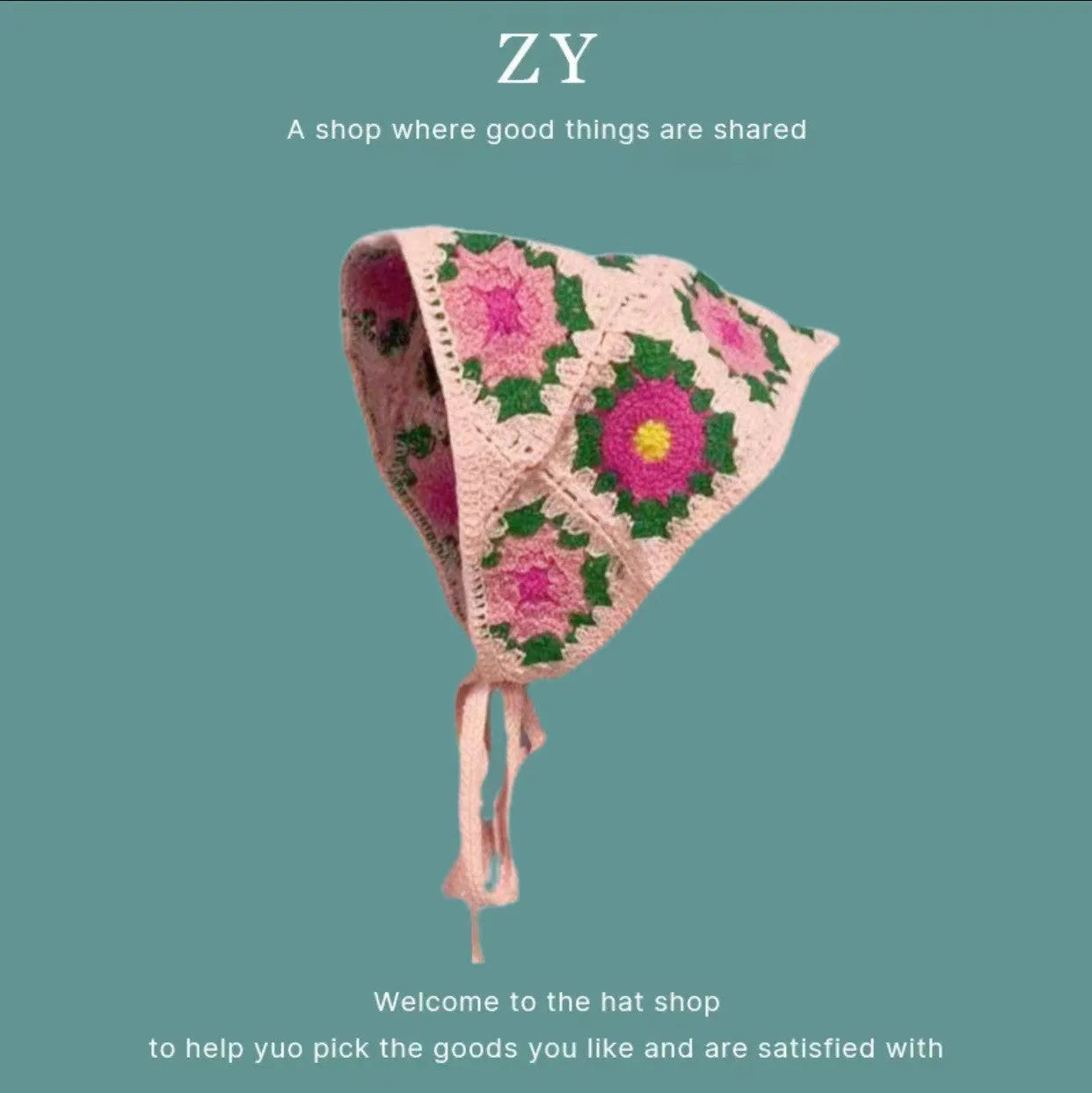 French retro triangle shawl in floral pattern, 100% cotton, 120cm sides for headscarf or neck wrap