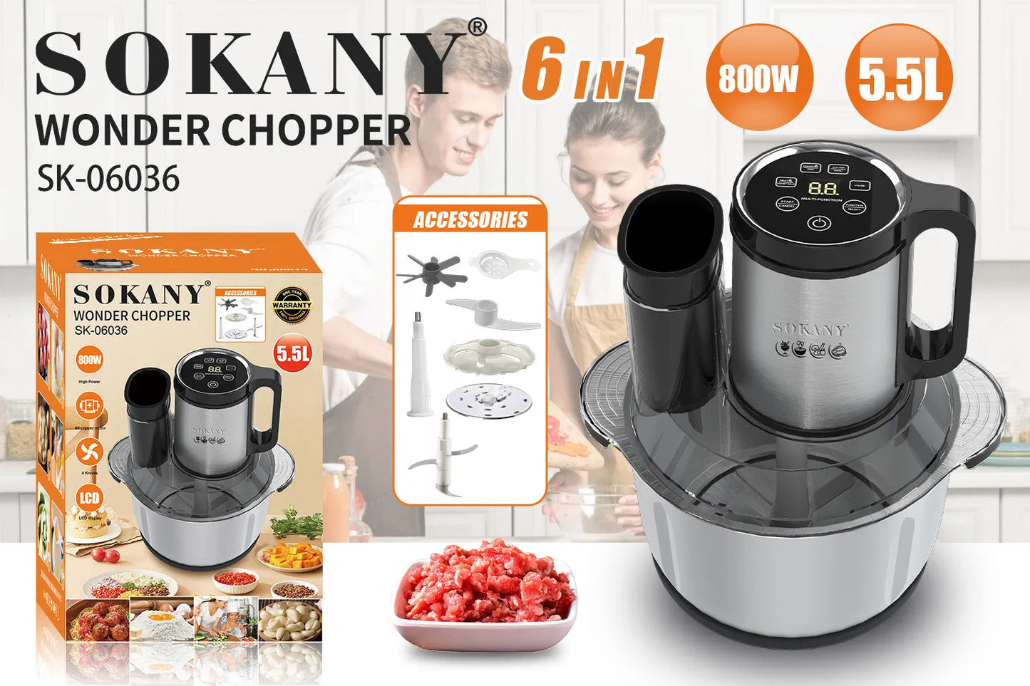 Stainless steel meat grinder with 5-10 litre capacity in 06036 colour for baby food and vegetable processing