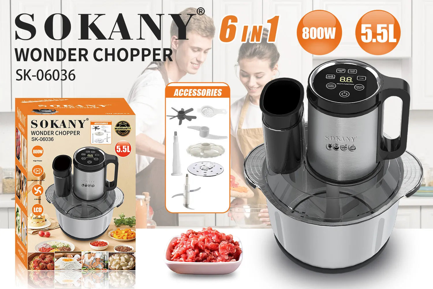 Stainless steel meat grinder with 5-10 litre capacity in 06036 colour for baby food and vegetable processing
