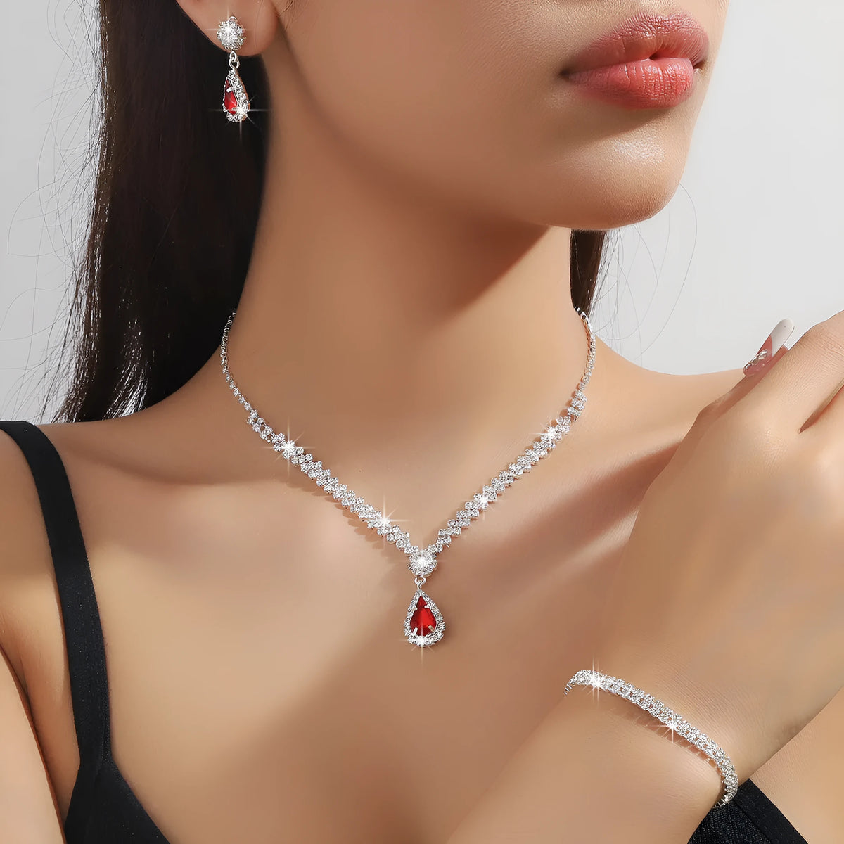 Rhinestone water drop shaped claw chain necklace and earrings jewellery set in selected colour
