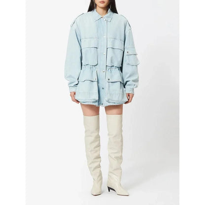 Chic patchwork denim jacket with practical pockets and button details, perfect for casual and semi-formal occasions.