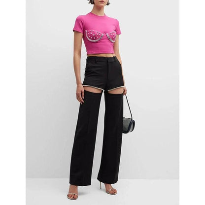 High-waist trousers with spliced diamond detailing, offering a sophisticated and versatile design