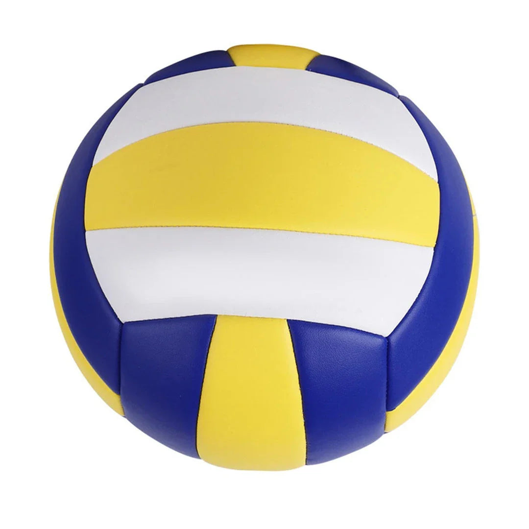 Premium indoor and outdoor volleyball in a striking blue and yellow design, featuring superior PU leather and rubber construction for exceptional durability and performance.