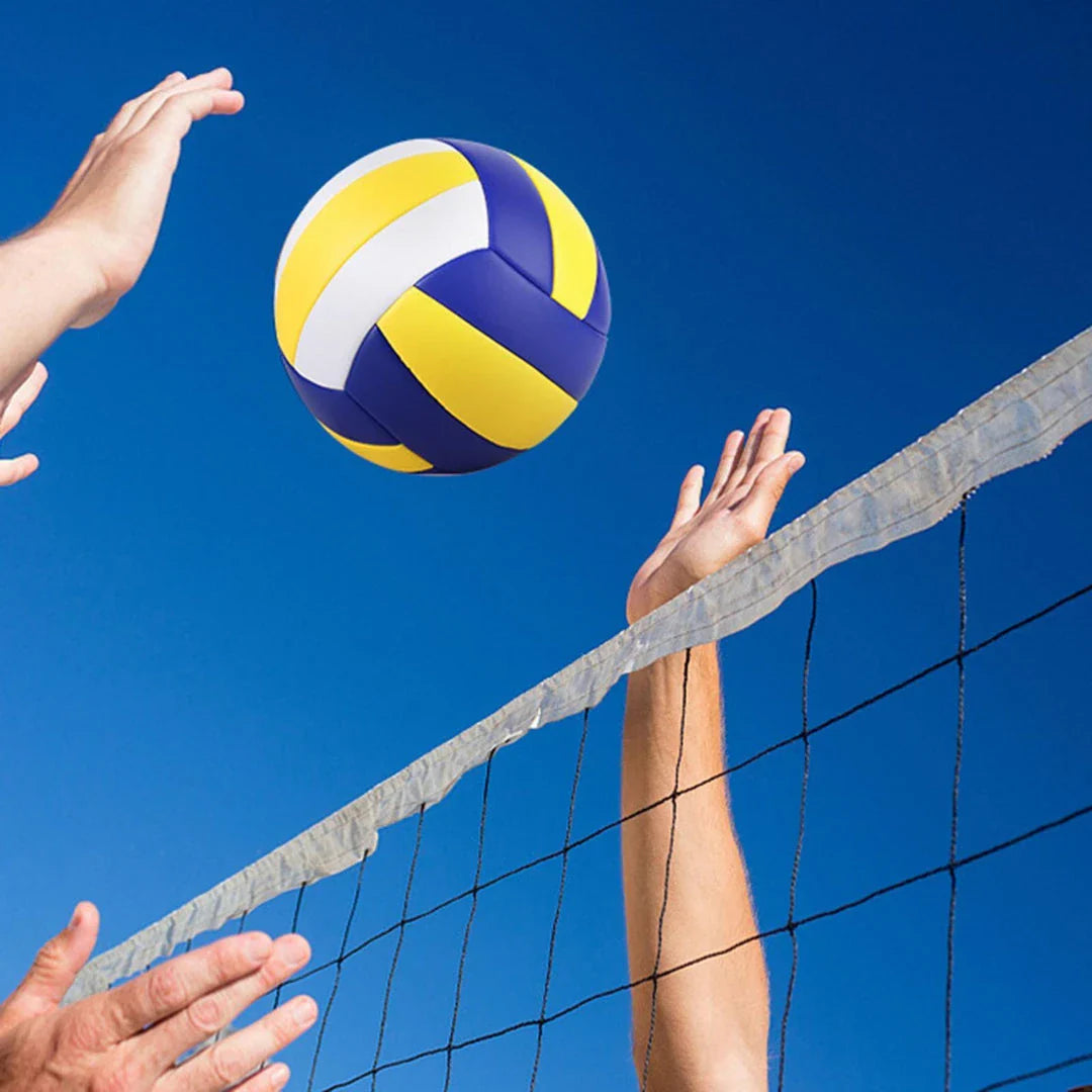 Premium indoor and outdoor volleyball in a striking blue and yellow design, featuring superior PU leather and rubber construction for exceptional durability and performance.