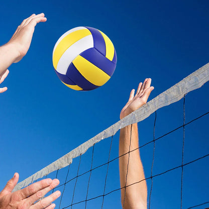 Premium indoor and outdoor volleyball in a striking blue and yellow design, featuring superior PU leather and rubber construction for exceptional durability and performance.