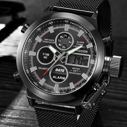 Men's belt LED electronic sports watch with luminous display, alarm, chronograph, and world time functions