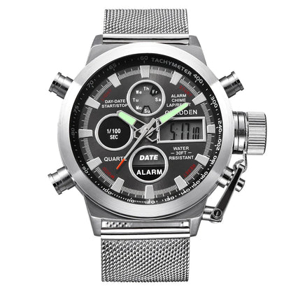 Men's belt LED electronic sports watch with luminous display, alarm, chronograph, and world time functions