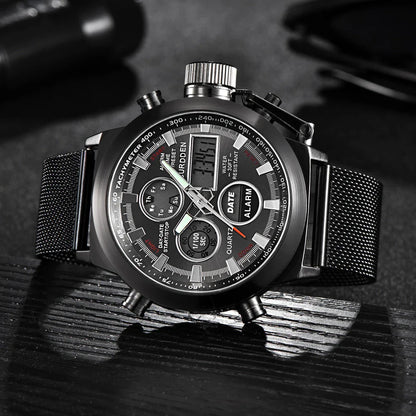 Men's belt LED electronic sports watch with luminous display, alarm, chronograph, and world time functions