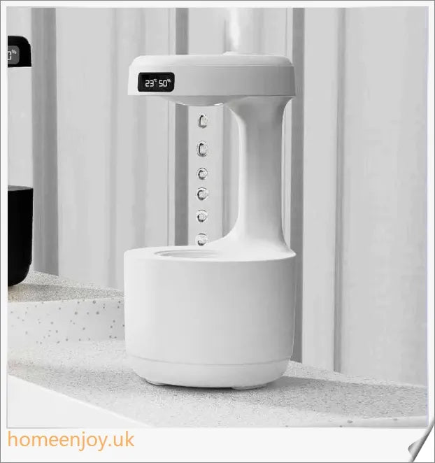 Bedroom anti-gravity humidifier with backflow water droplets, LED display, and ambient lighting for soothing home environments