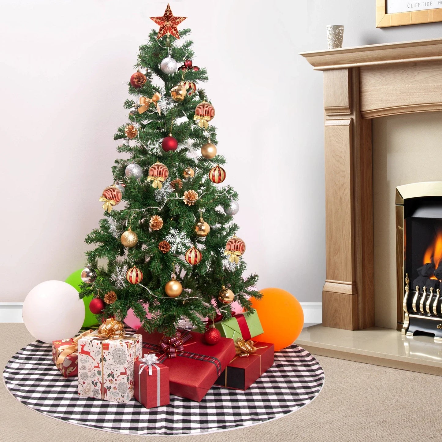 Black and white plaid Christmas tree skirt with a classic, elegant design