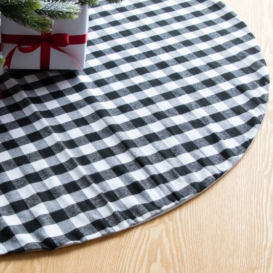Black and white plaid Christmas tree skirt with a classic, elegant design