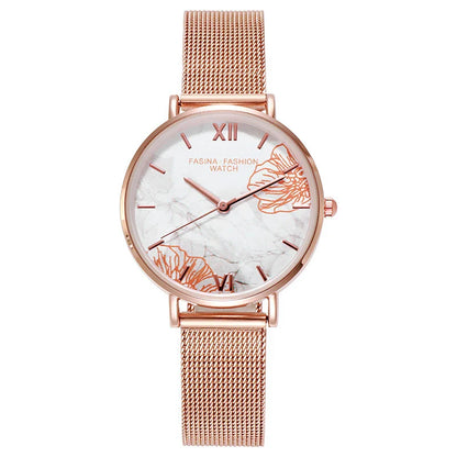 French Ladies Fashion Watch Gift Set with stainless steel case and genuine leather strap