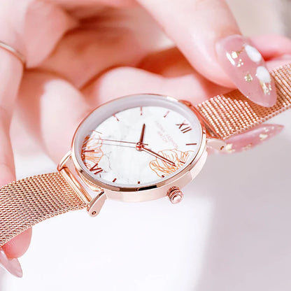French Ladies Fashion Watch Gift Set with stainless steel case and genuine leather strap