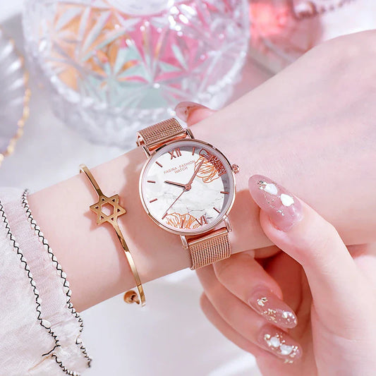 French Ladies Fashion Watch Gift Set with stainless steel case and genuine leather strap