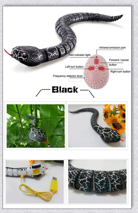 A remote controlled snake toy with a segmented body, flashing lights, and a swinging tail, designed to captivate and entertain cats.