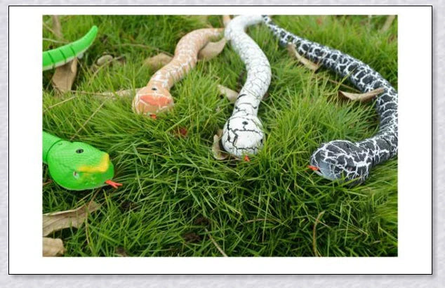 A remote controlled snake toy with a segmented body, flashing lights, and a swinging tail, designed to captivate and entertain cats.