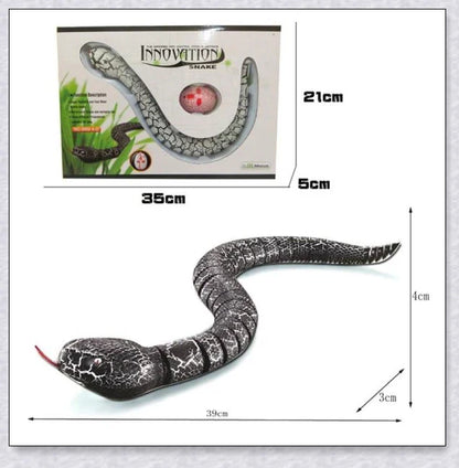 A remote controlled snake toy with a segmented body, flashing lights, and a swinging tail, designed to captivate and entertain cats.