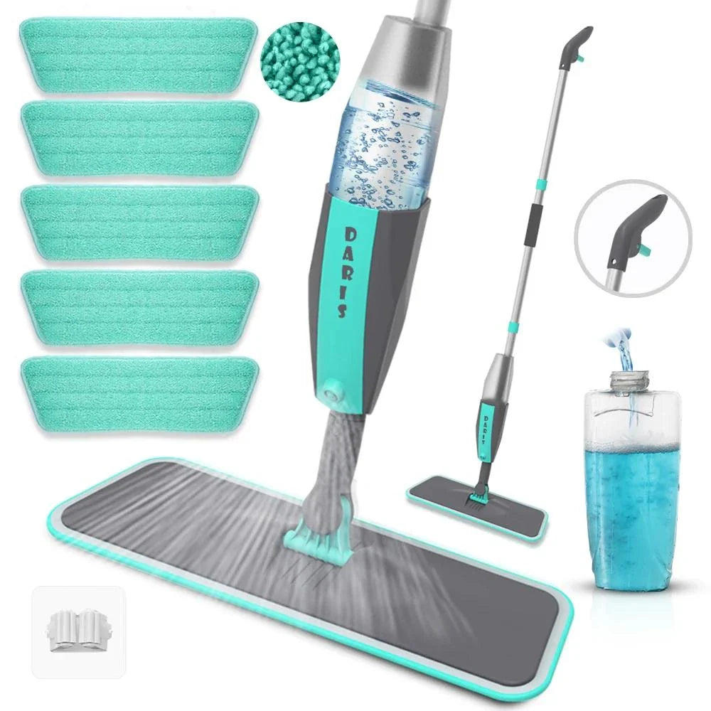 360 degree rotating microfiber floor mop with spray function for easy, eco-friendly cleaning on hardwood, tile, and other hard floor surfaces.