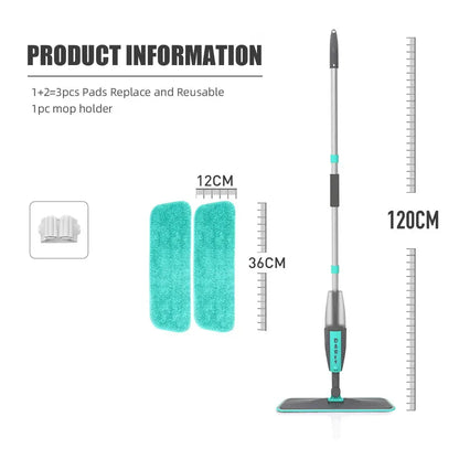 360 degree rotating microfiber floor mop with spray function for easy, eco-friendly cleaning on hardwood, tile, and other hard floor surfaces.