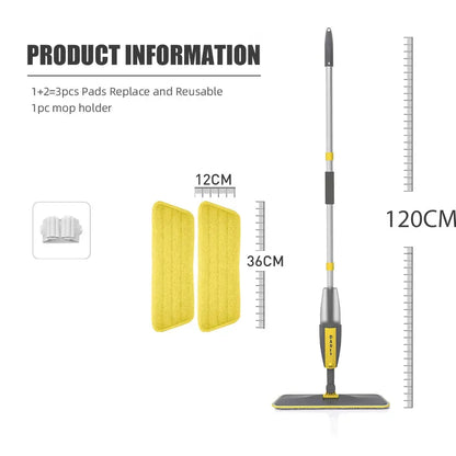 360 degree rotating microfiber floor mop with spray function for easy, eco-friendly cleaning on hardwood, tile, and other hard floor surfaces.