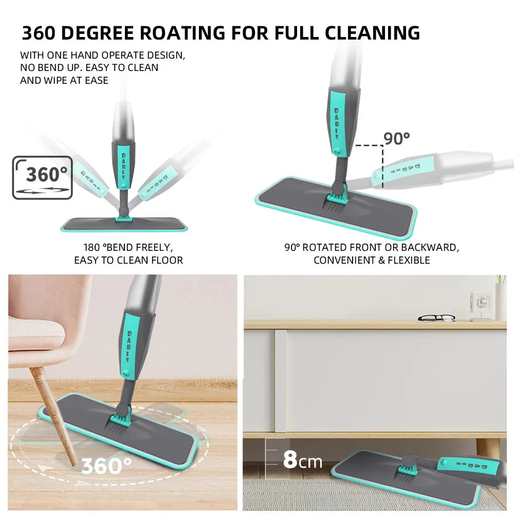 360 degree rotating microfiber floor mop with spray function for easy, eco-friendly cleaning on hardwood, tile, and other hard floor surfaces.