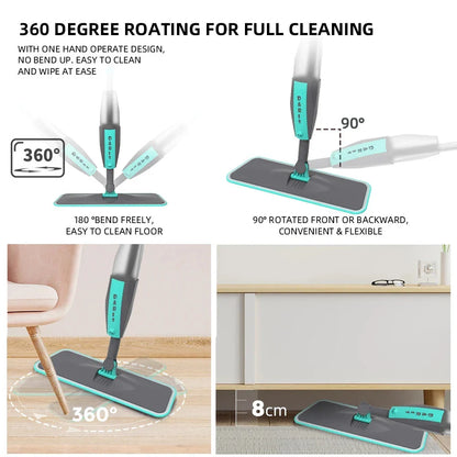 360 degree rotating microfiber floor mop with spray function for easy, eco-friendly cleaning on hardwood, tile, and other hard floor surfaces.