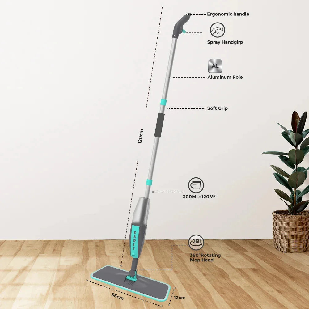 360 degree rotating microfiber floor mop with spray function for easy, eco-friendly cleaning on hardwood, tile, and other hard floor surfaces.