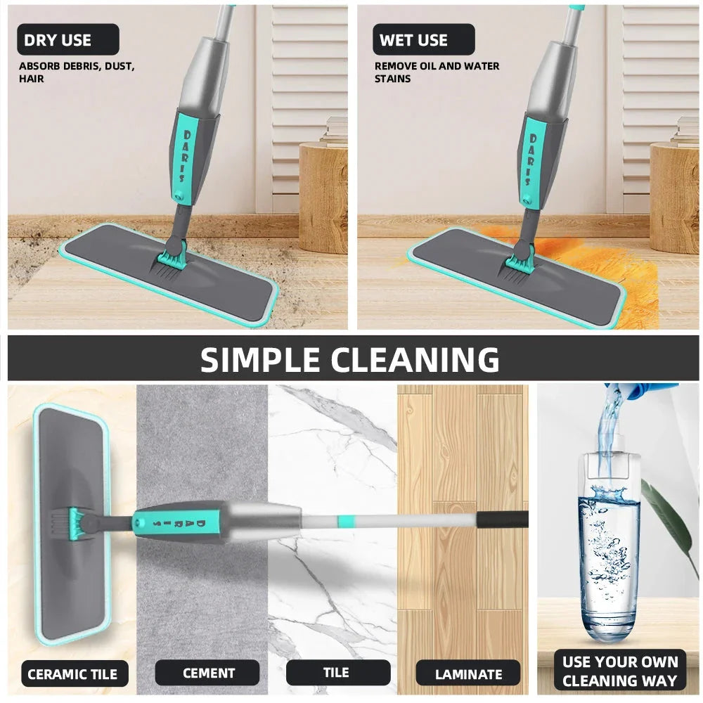 360 degree rotating microfiber floor mop with spray function for easy, eco-friendly cleaning on hardwood, tile, and other hard floor surfaces.