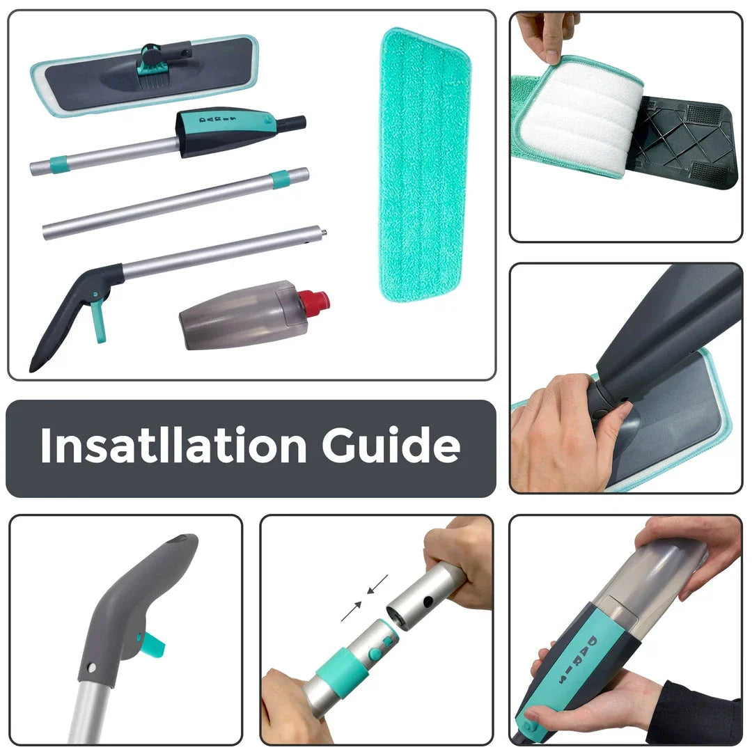 360 degree rotating microfiber floor mop with spray function for easy, eco-friendly cleaning on hardwood, tile, and other hard floor surfaces.