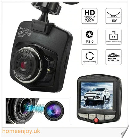 Front and rear dual car dash dashboard cam with 720p HD video recording, motion detection, and 150-degree wide-angle lens