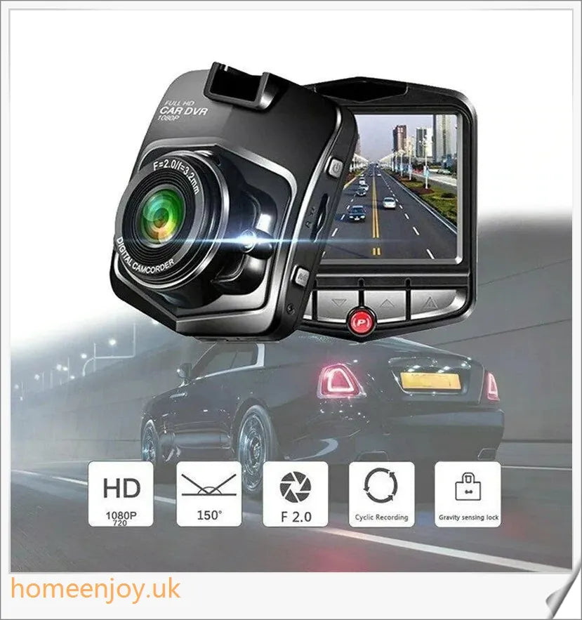 Front and rear dual car dash dashboard cam with 720p HD video recording, motion detection, and 150-degree wide-angle lens