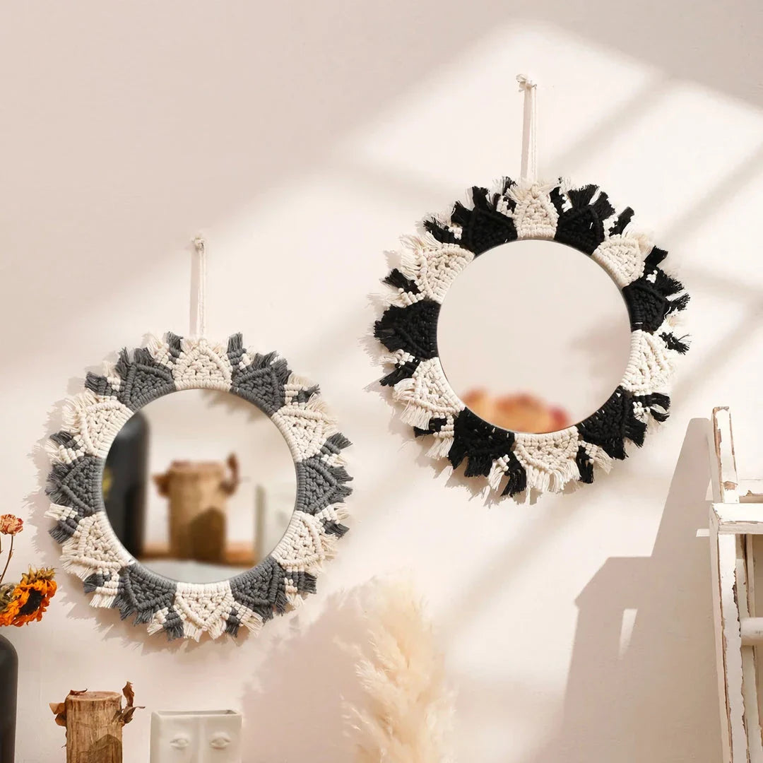 Boho Macrame Decorative Mirror in Black and Gray, a round wall hanging made with premium cotton cord and acrylic mirror