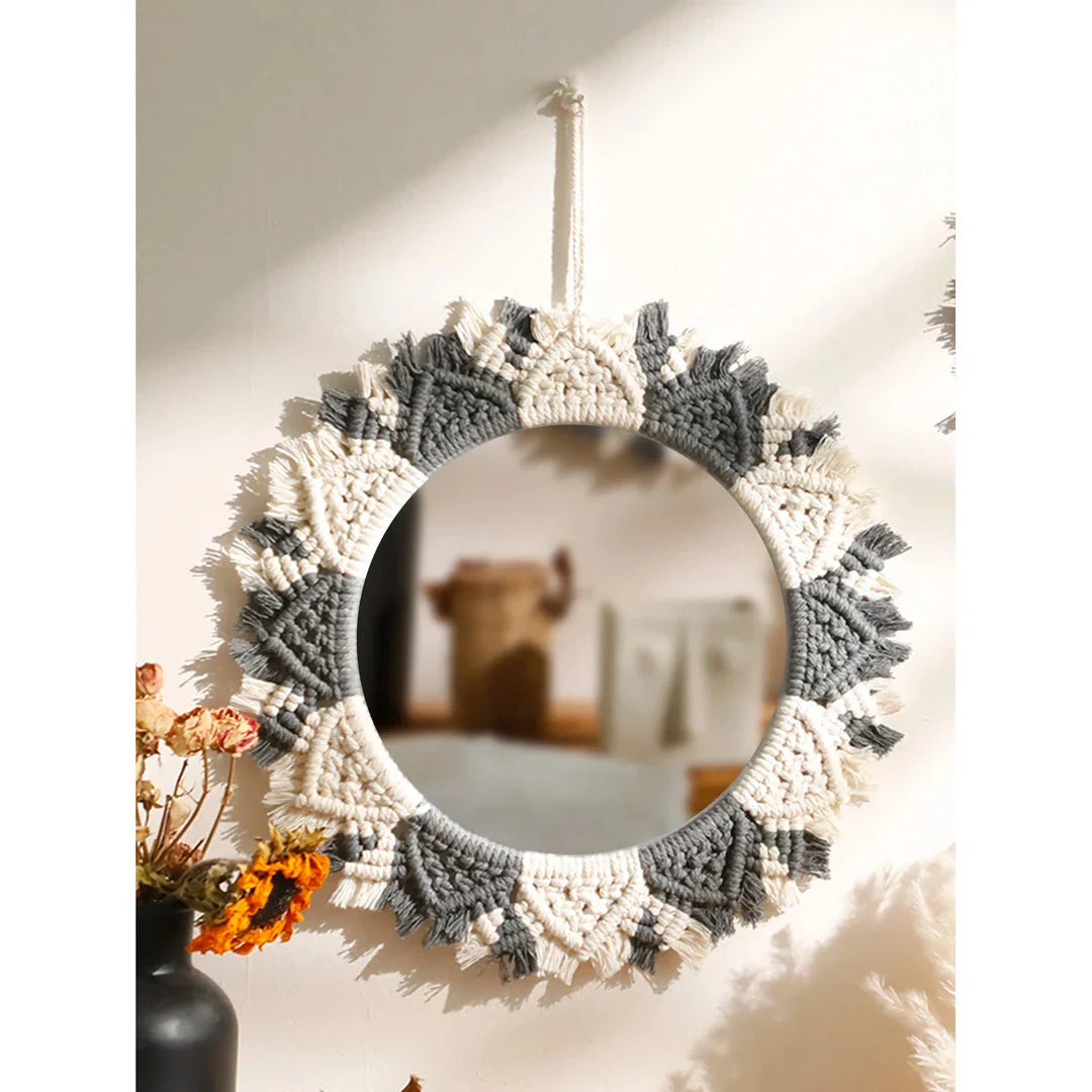 Boho Macrame Decorative Mirror in Black and Gray, a round wall hanging made with premium cotton cord and acrylic mirror