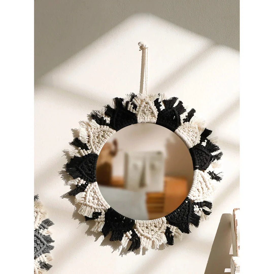 Boho Macrame Decorative Mirror in Black and Gray, a round wall hanging made with premium cotton cord and acrylic mirror