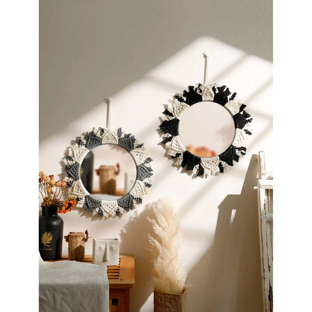 Boho Macrame Decorative Mirror in Black and Gray, a round wall hanging made with premium cotton cord and acrylic mirror