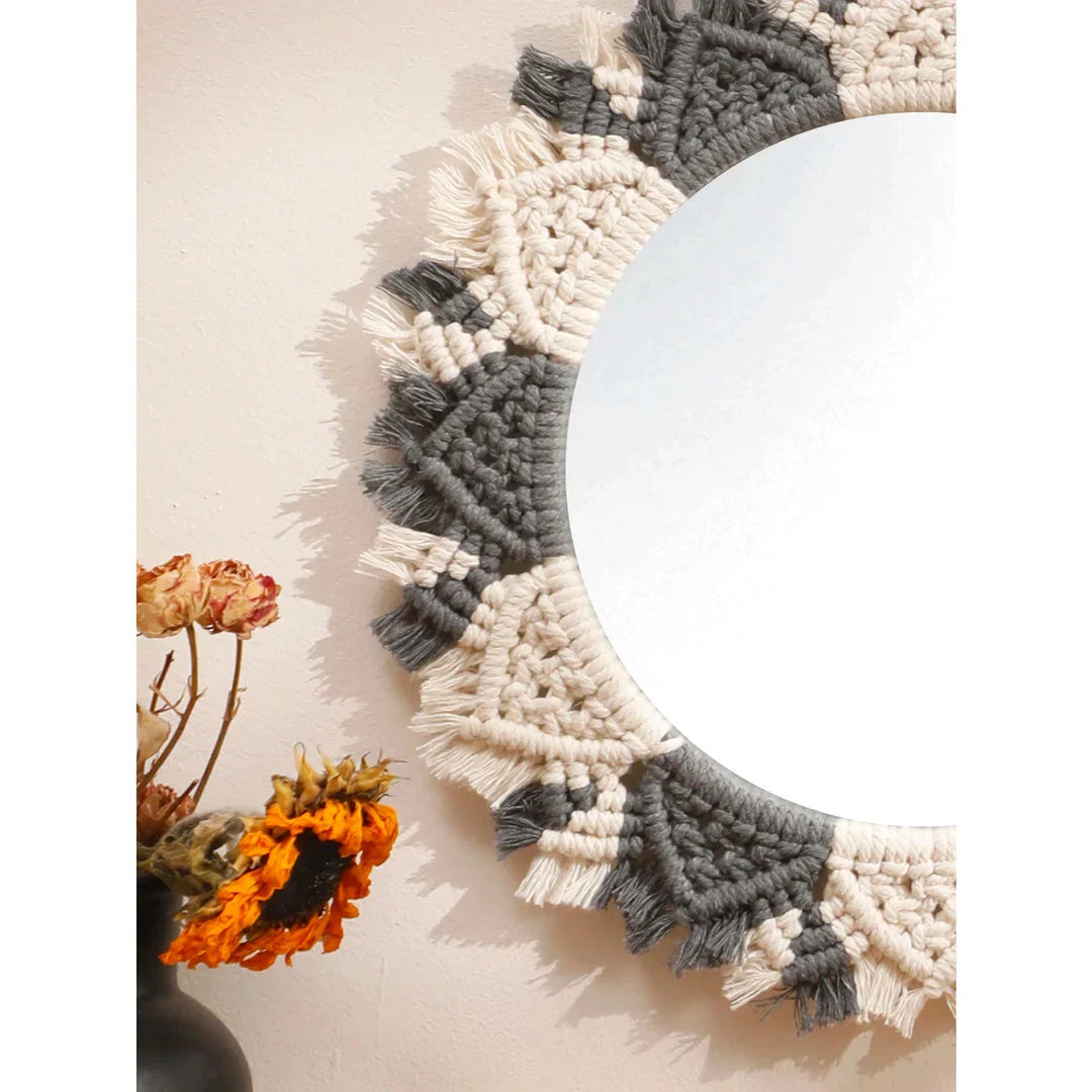 Boho Macrame Decorative Mirror in Black and Gray, a round wall hanging made with premium cotton cord and acrylic mirror