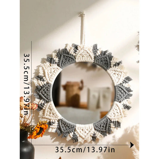 Boho Macrame Decorative Mirror in Black and Gray, a round wall hanging made with premium cotton cord and acrylic mirror