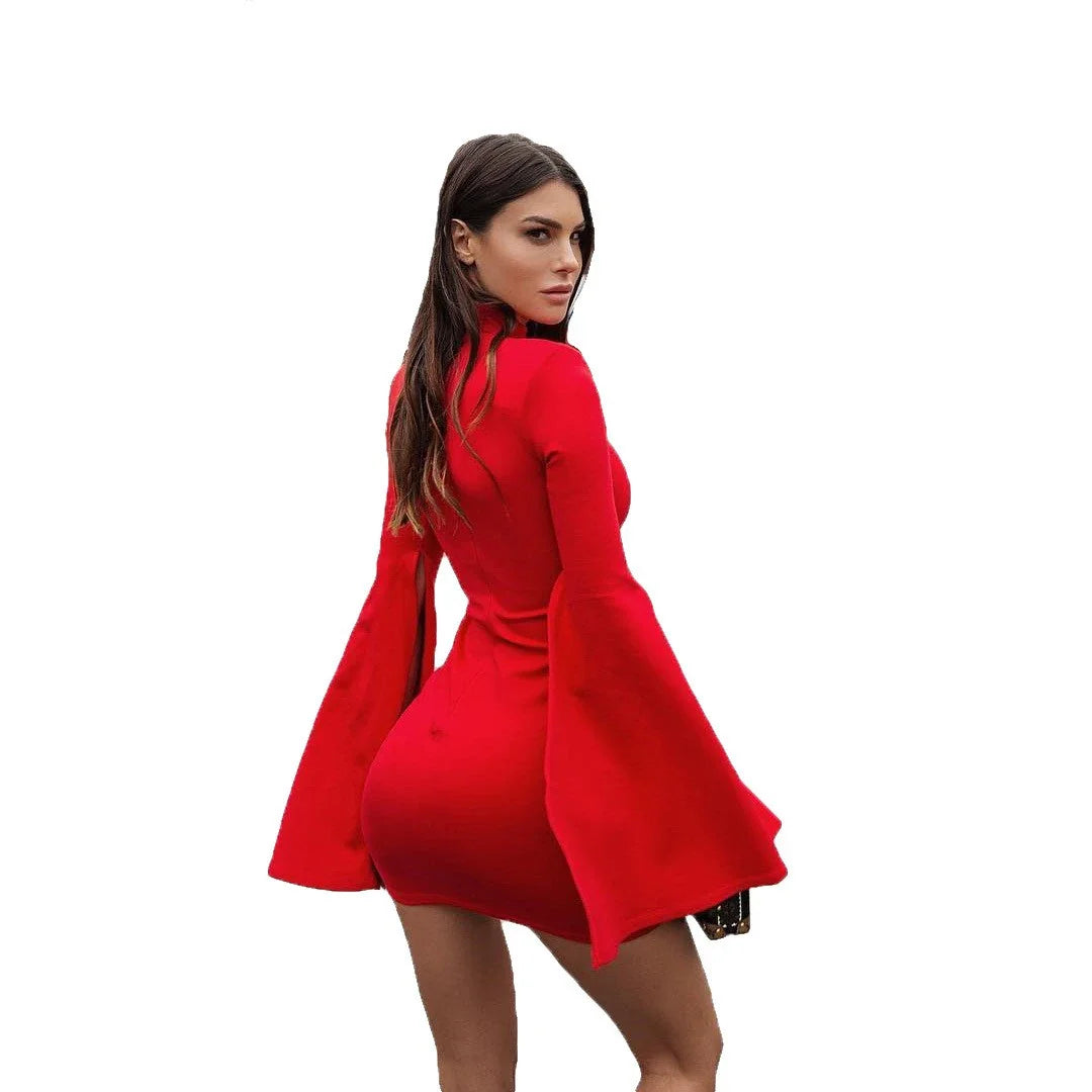 A vibrant red women's dress with a turtleneck collar, vented horn sleeves, and a flattering package hip cut.