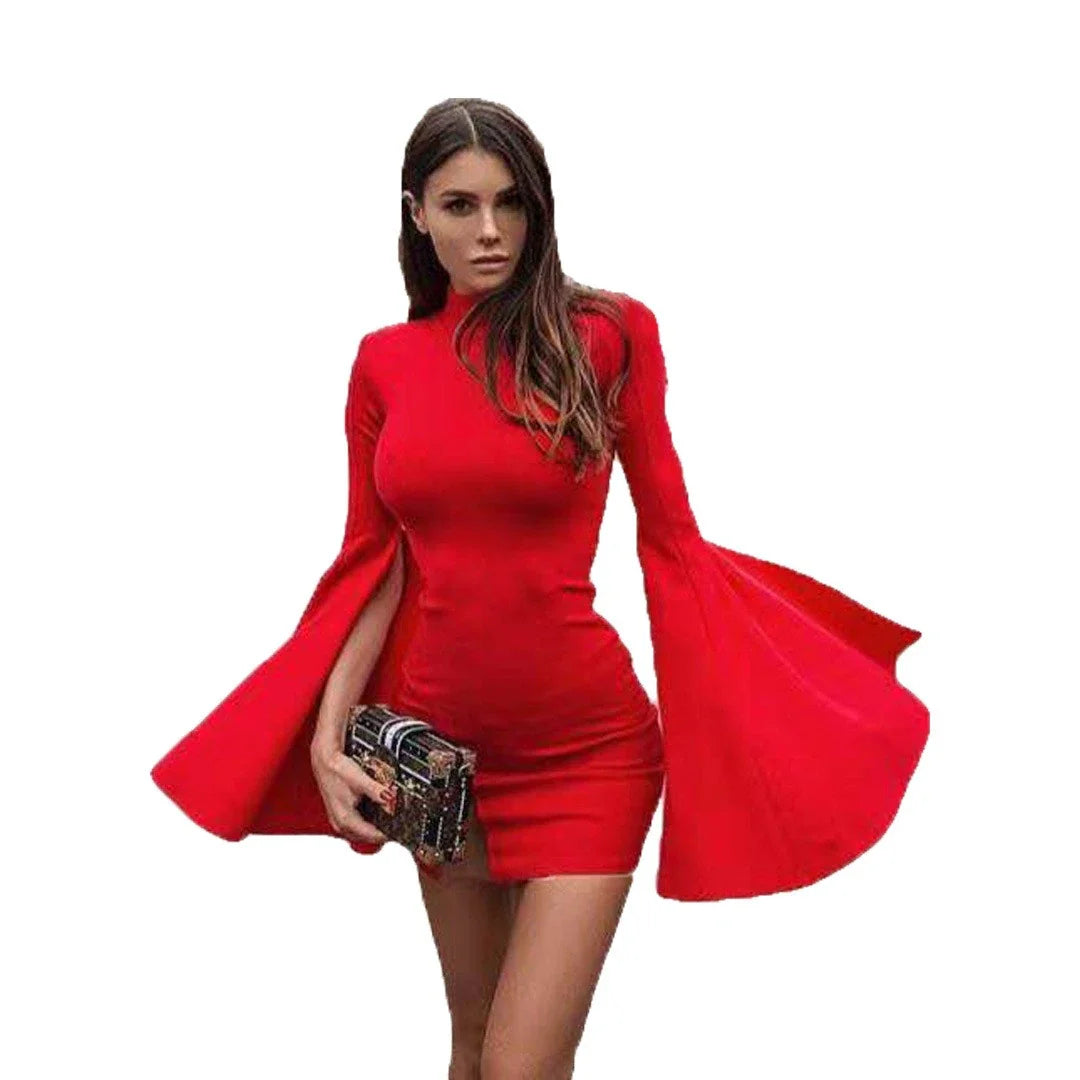 A vibrant red women's dress with a turtleneck collar, vented horn sleeves, and a flattering package hip cut.