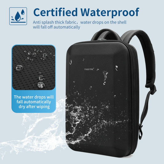Expanded anti-splash hard shell backpack in black, featuring a versatile 12L to 19L capacity and durable water-resistant design.