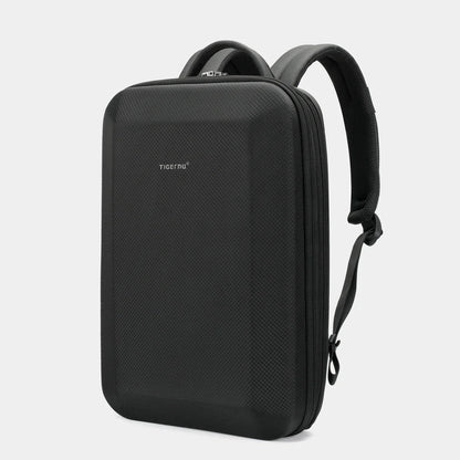 Expanded anti-splash hard shell backpack in black, featuring a versatile 12L to 19L capacity and durable water-resistant design.